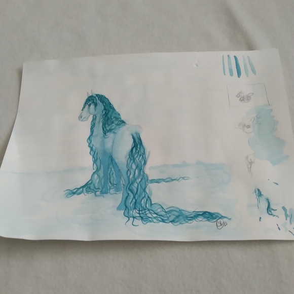 Teal Blue Green Horse Pony Equine Watercolor Painting Illustration - Picture 2 of 2